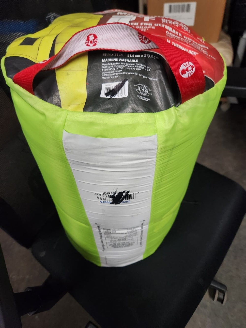 Coleman Neon Green and Red Sleeping Bag/Stuff Sack